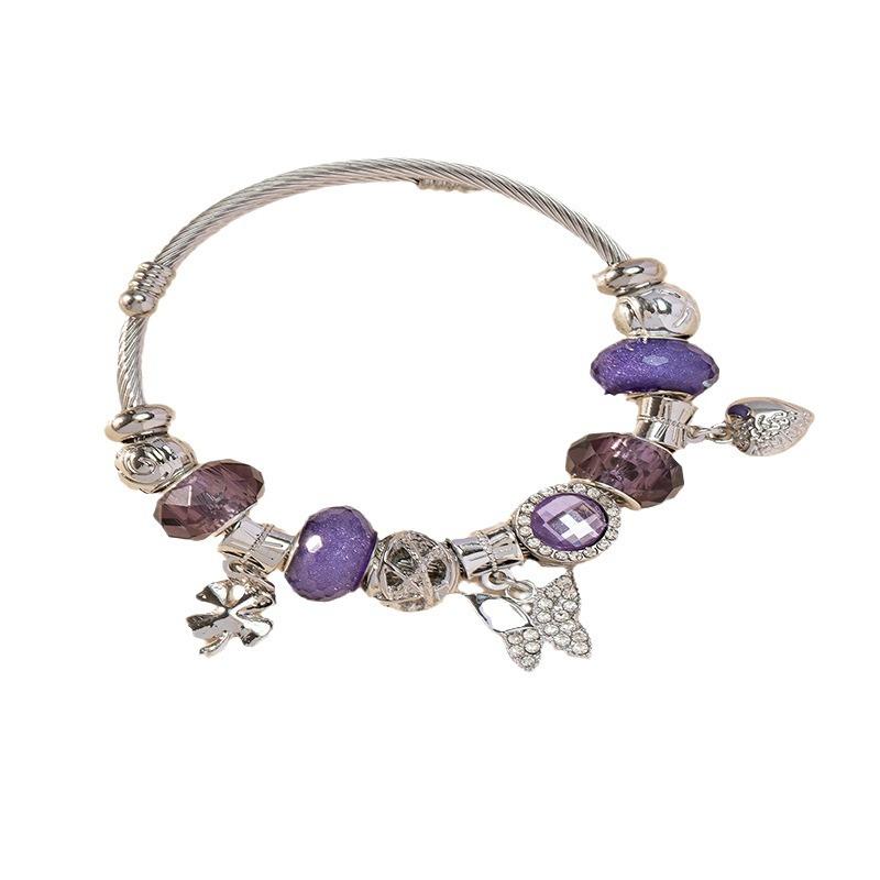 Handmade Beaded Bracelet With Crystal Beads Alloy Leaf Butterfly Pendant And Sparkling Rhinestone Charm