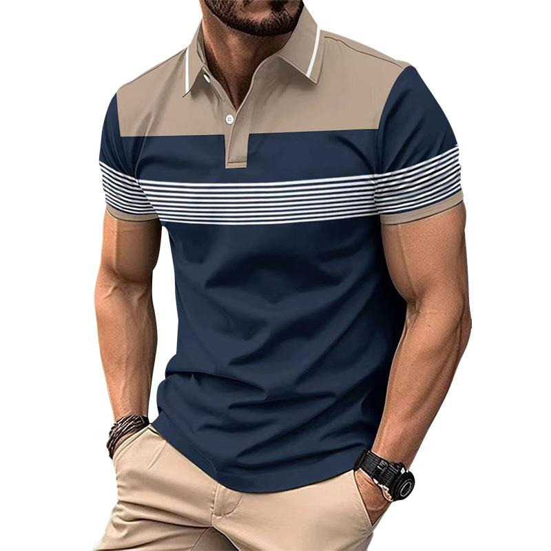 New Short-Sleeved Men's Casual Polo Shirt with Collar and Buttons Versatile Business-Striped T-Shirt Top
