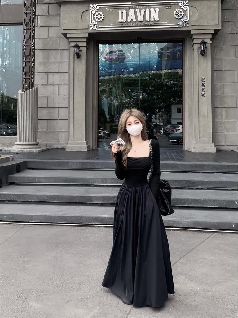 Elegant Square Neck A-Line Dress - Women's Early Spring 2026 Arrival, Long Sleeve, Waist-Cinched Fake Two-Piece Design.