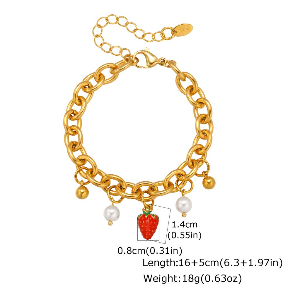 Trendy Sweet Red Cherry Strawberry Bracelet for Women, 18K Gold Plated Stainless Steel Charm Bracelet,No-fading Delicate Jewelry