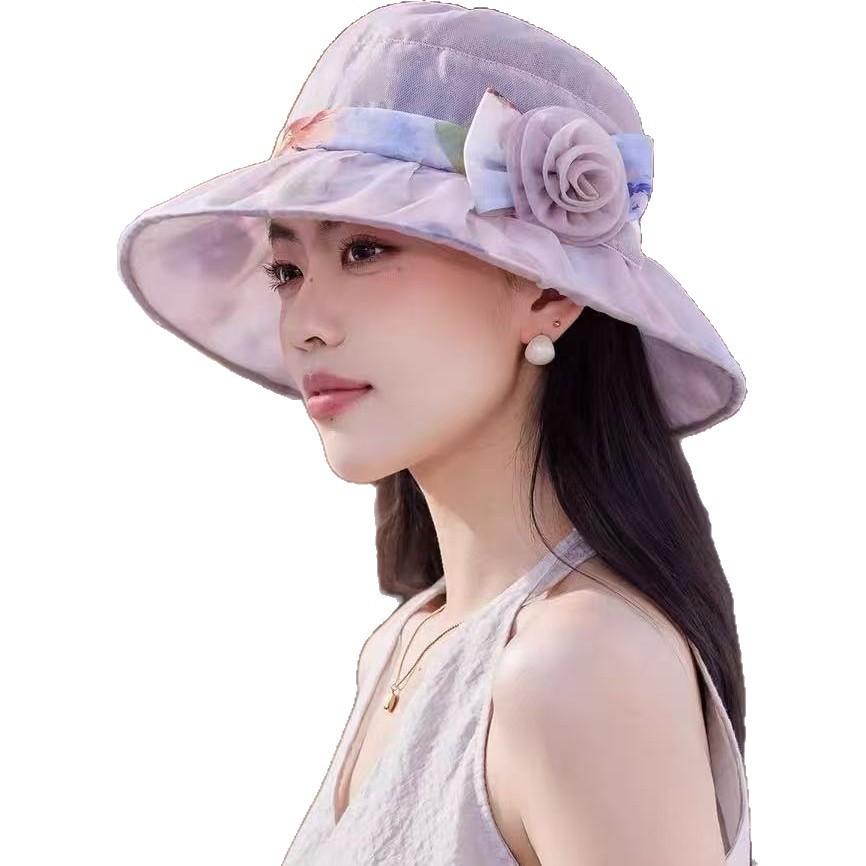 Bucket Hat Summer Visor Women Shopping Sun Hat Fashion Mom Organza Flower Breathable Sun Hat