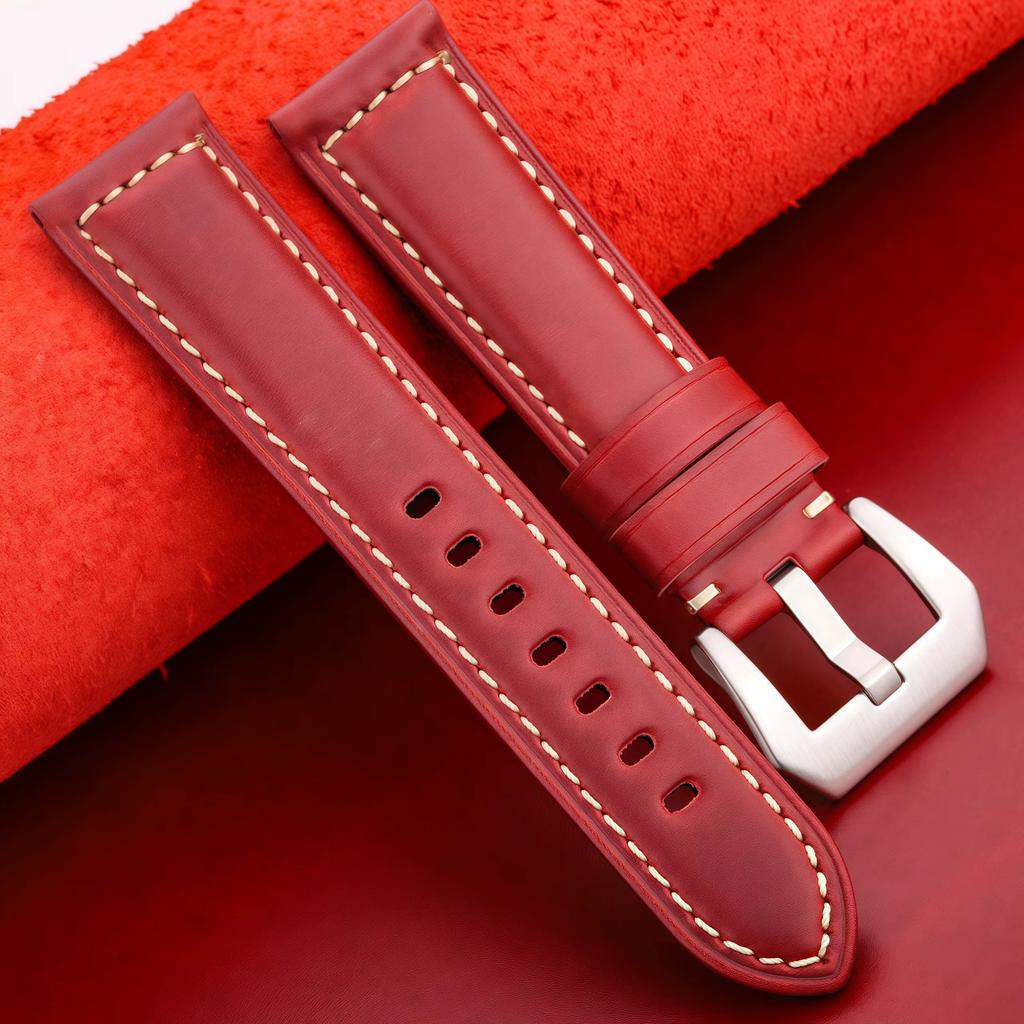20mm 22mm 24mm 26mm First Layer Oil Wax Cowhide Padded Leather Watch Strap Screw-in Stainless Buckle Vintage Style Band