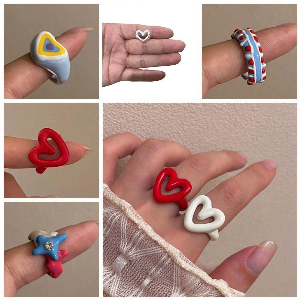 Korean Style Enamel Heart Ring Chunky Jewelry Geometric Ring Dripping Oil Finger Buckle  Decoration