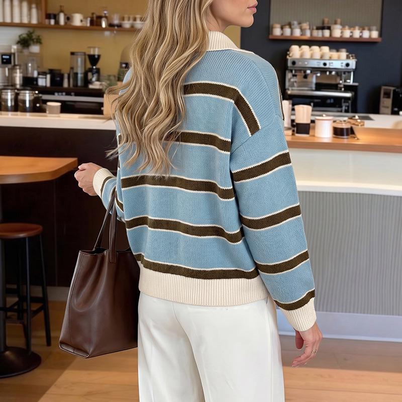 2026 Autumn/Winter Gentle Retro Striped Polo Collar Long Sleeve Sweater for Women