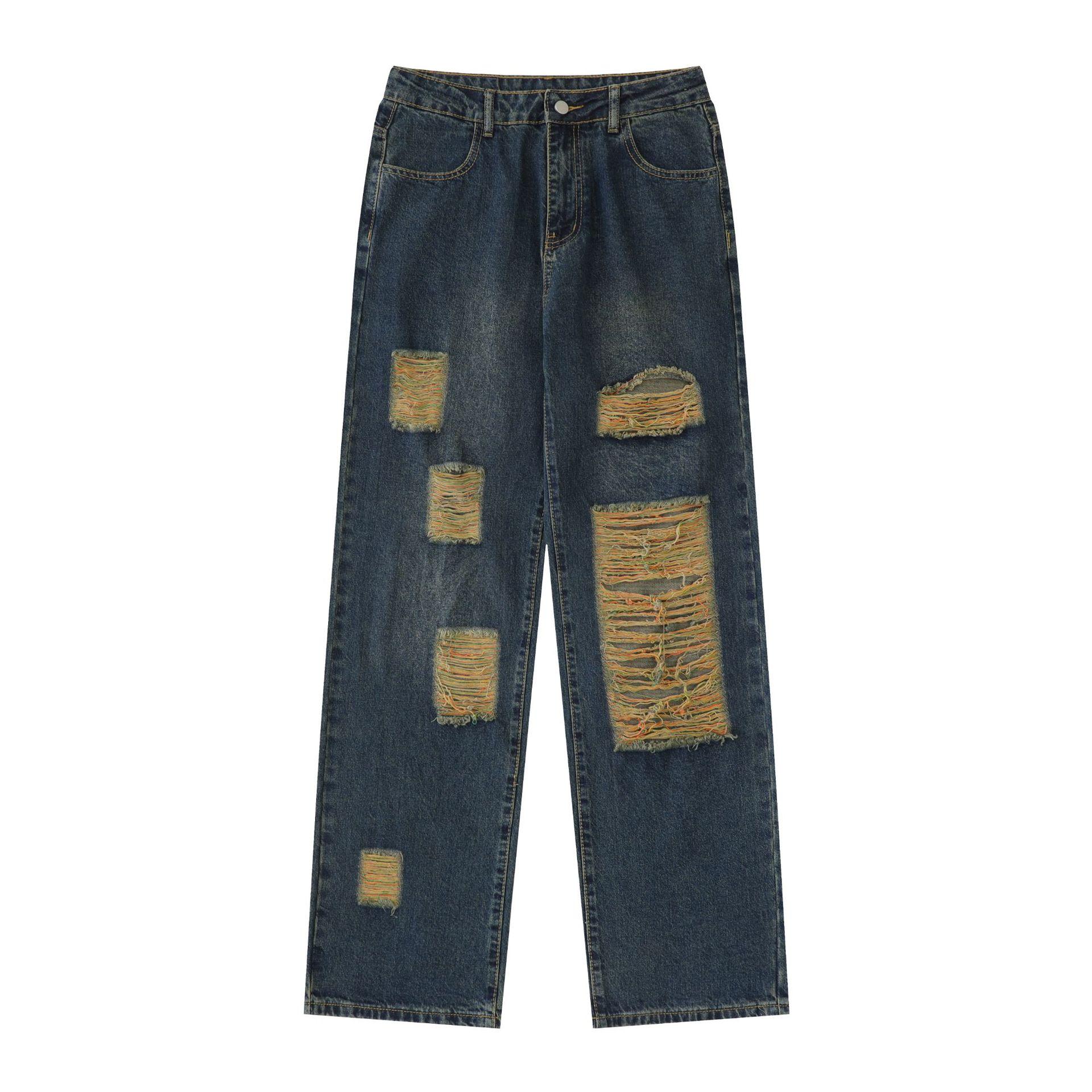 

Американские широкие рваные джинсы для женщин с прямыми рукавами и фирменные джинсы High Street Floor для мужчин L синий