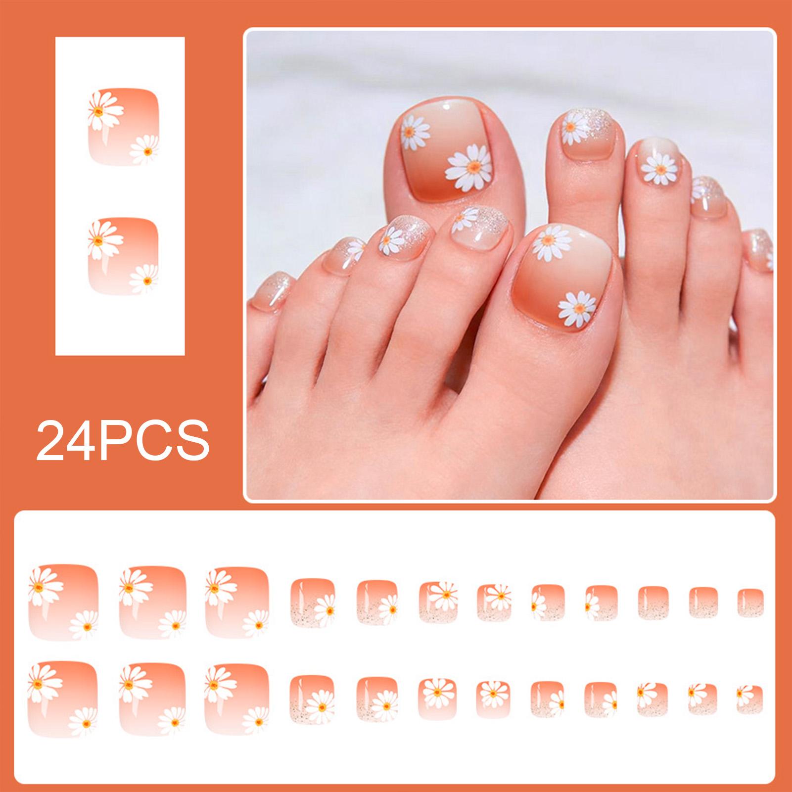 Orange Brown Daisy Gradient French Glitter Toe Nails 24 Pieces Short Arc Design A чёрный/красный