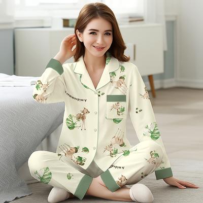 Spring and Autumn Imitation Cotton Pajamas Women's Long-sleeved Trousers Medium Mother Large Size Loose High-end Loungewear Set