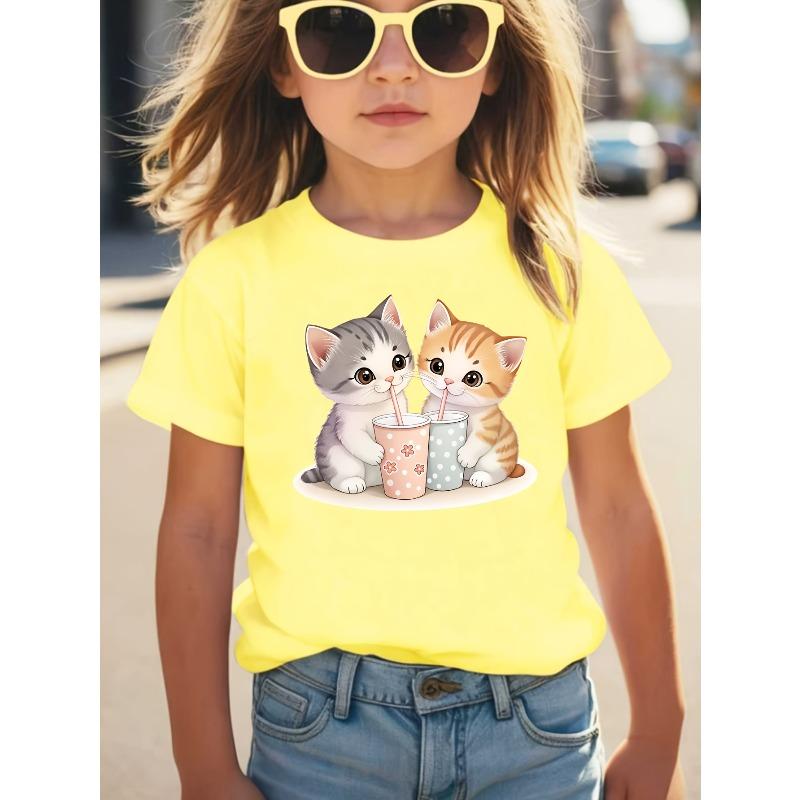 Girl's Cat Print Cute, Comfortable, and Versatile Short-Sleeve T-Shirt