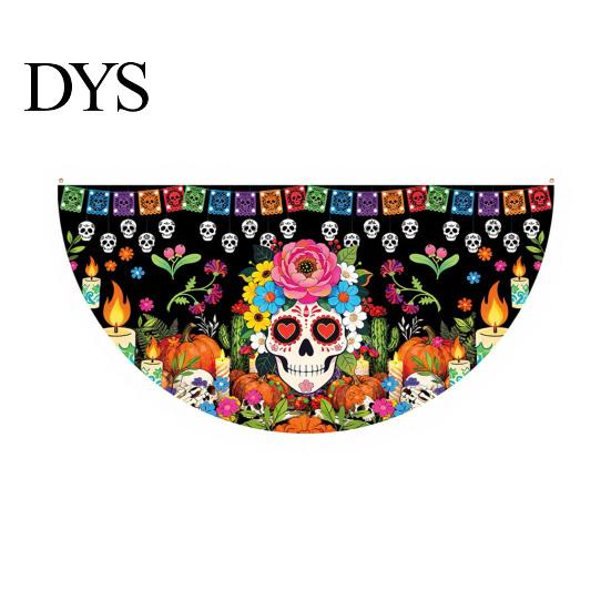 Colorful Cemetery Memorial Flag Day of The Dead Skull Bunting Banner, Marigold Print Fiesta Yard Sign Hanging Flag, Sugar Outdoor Party Decor