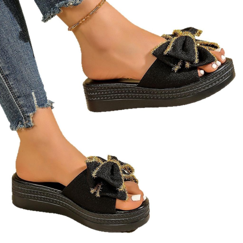 One-character Fashion Summer Bow-tie Plus-size Women's Wedge Heel Slippers