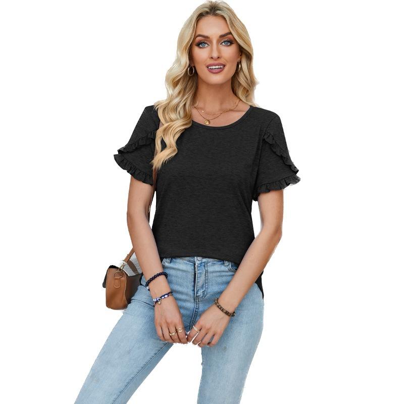 HNXC Women's Fashion Casual Solid Color Print Short Sleeve O Neck Blouses & Shirts