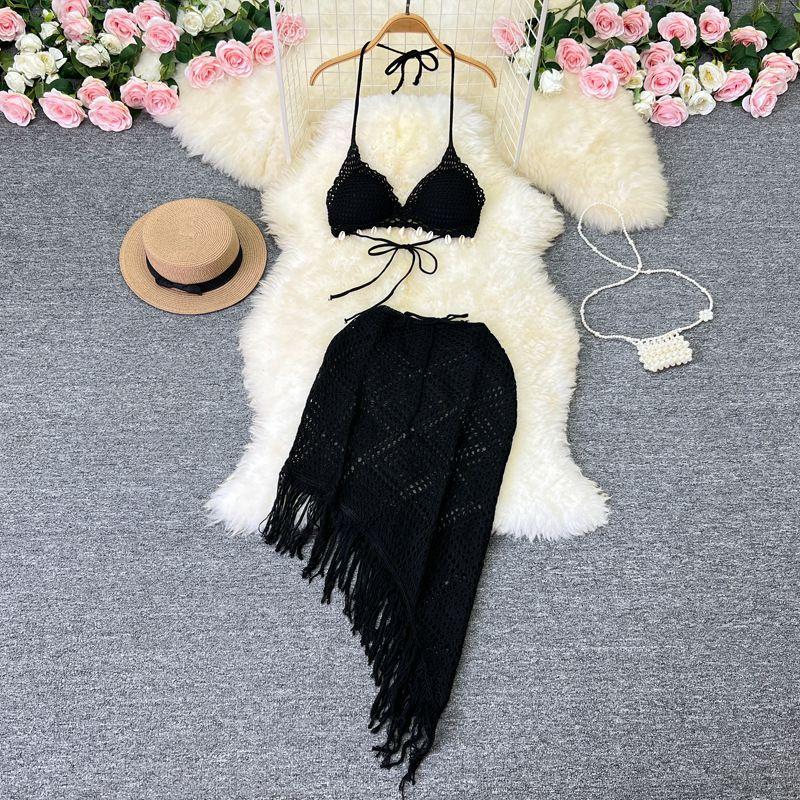 Vacation Style Suit Women's Stylish Bikini Halterneck Vest All-Matching Tassel Skirt Knitted Two-Piece