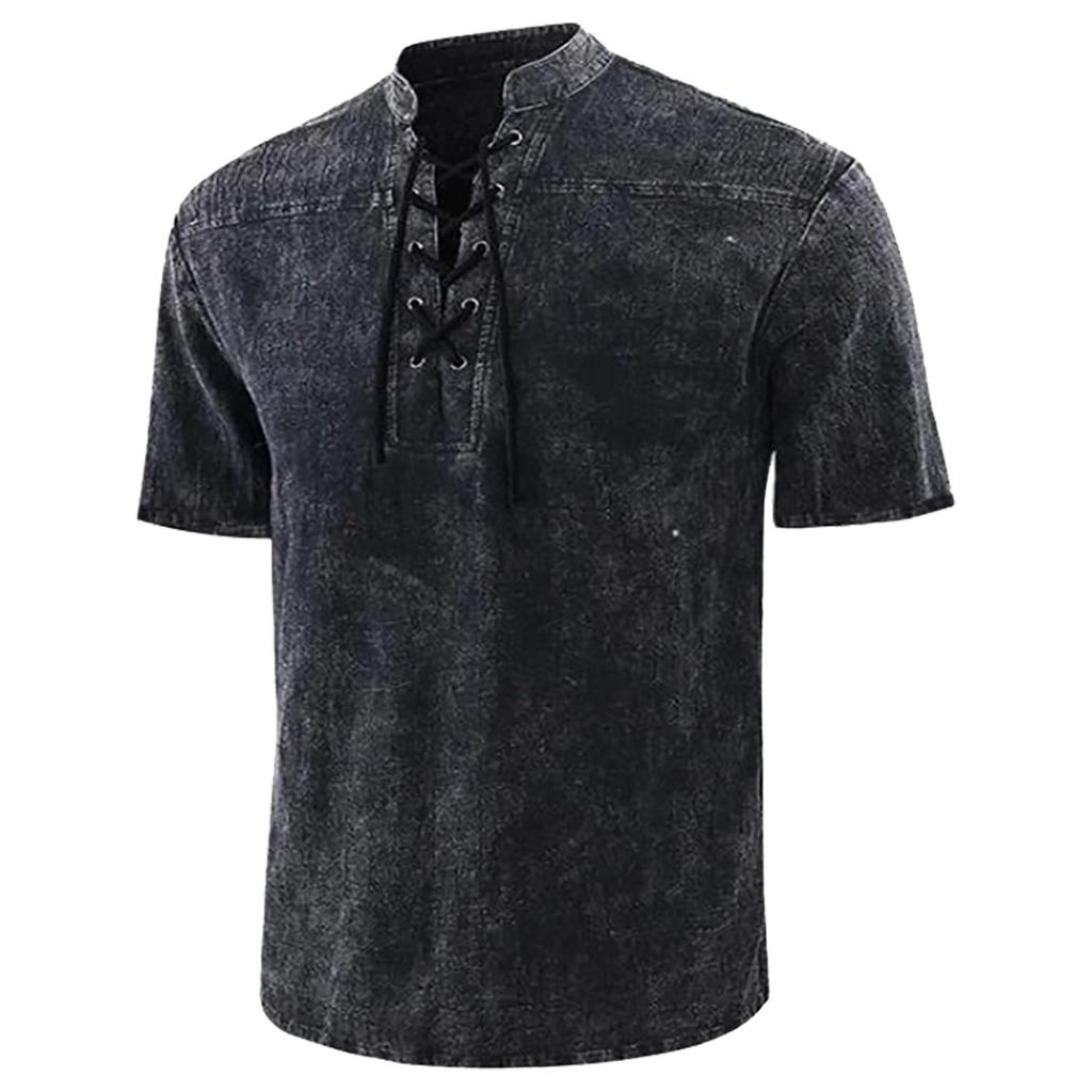 Men's Casual, Fashionable, Retro Lace-up Stand-up Collar Pullover Short-sleeved Top