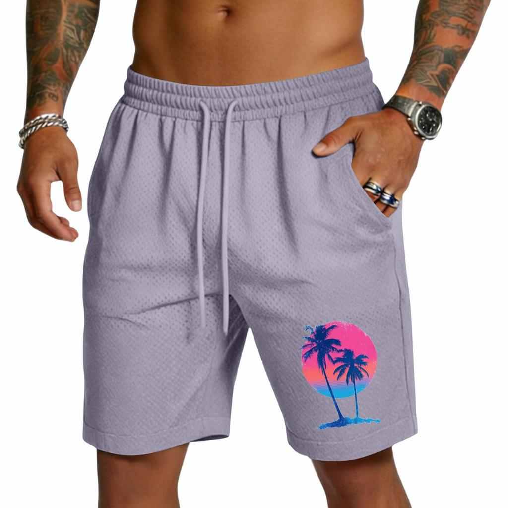 Men’s Drawstring Waist Casual Shorts with Elastic and Tree Print Lightweight Breathable Material for Everyday Wear