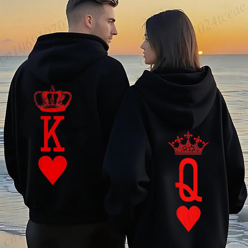 Couple Hoodies Valentines Day Matching Outfits King and Queen Printed Couple Hoodies Boyfriend Girlfriend Fleece Sweatshirts Top
