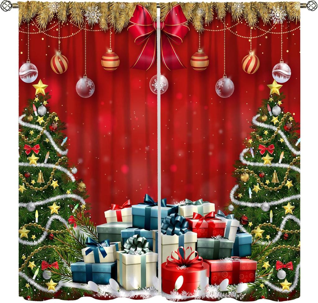 Christmas Curtain Funny Anta Claus Riding Sleigh Delivering Present Ball Winter Print Drapes Bedroom Party Decor For Made Of Polyester