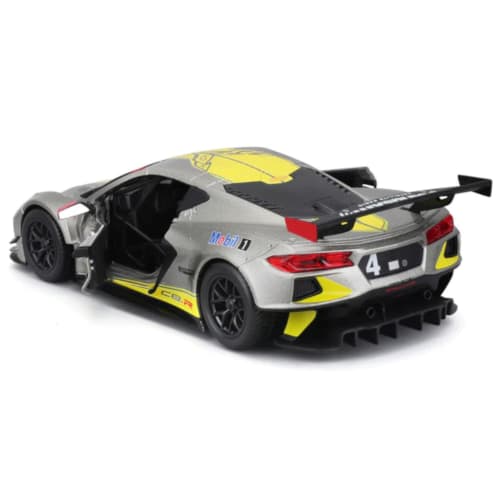 Bburago 1/24 scale diecast model of the 2020 Le Mans race car, Chevrolet Corvette C8R #4, gray. This 1:24 scale diecast model is a finished product of