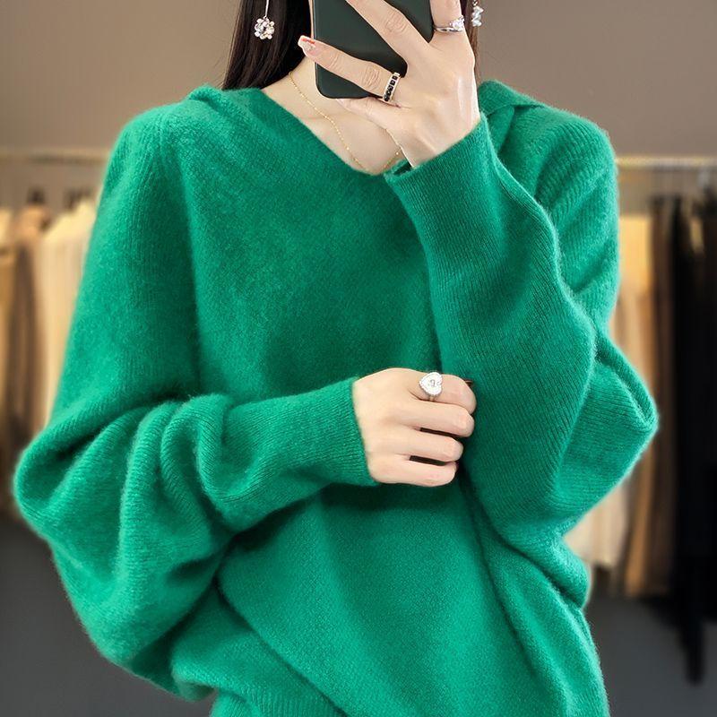Autumn and Winter Knitted Sweaters Hoodies Women's Hooded Knitted Sweaters Loose and Warm V-neck Pullovers for Women