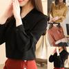 Women Fashion Solid Color Long Puff Sleeve Blouse Buttons Necktie Bowknot Shirt