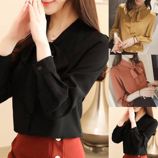 Women Fashion Solid Color Long Puff Sleeve Blouse Buttons Necktie Bowknot Shirt