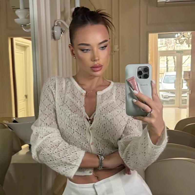 2026 Spring See Through Sweater Women Knit Cardigan Coats Sexy Hollow Out Single Breasted Cardigan Streetwear Y2K Knitted Tops