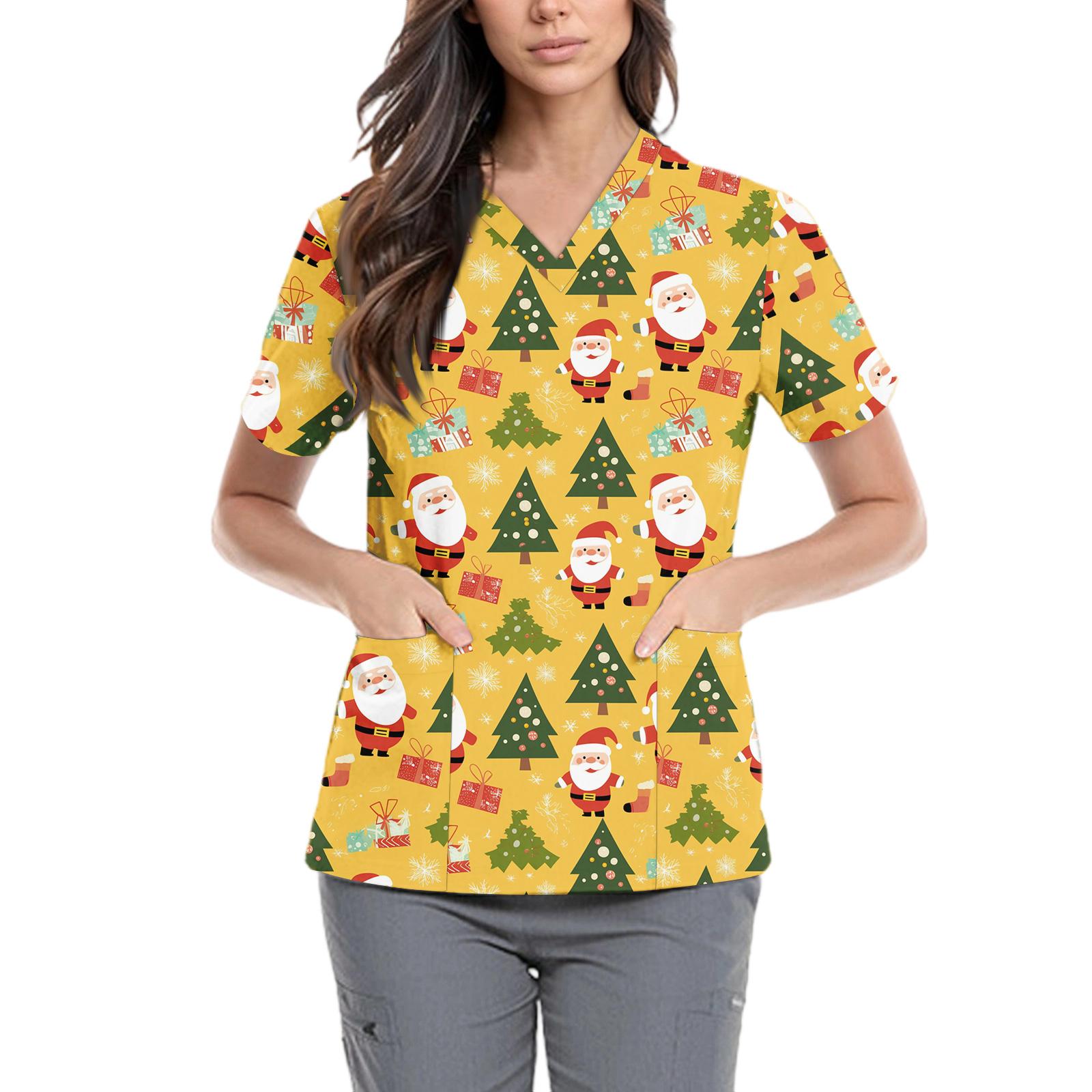 

Women s Cute Bow Printed Work Clothes V-neck Double Layer Pockets Basic Short Sleeve Top Pullover XL жёлтый