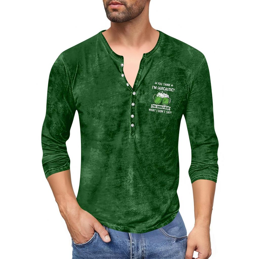 Men'S Printed T-Shirt Outdoor Retro Button Loose Long Sleeve Top