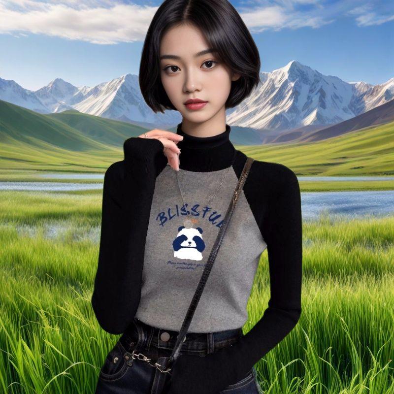 

Women s Slimming Velvet Raglan Color Block Long Sleeve T-Shirt with Stand-Up Collar S [Up to 90 lbs]