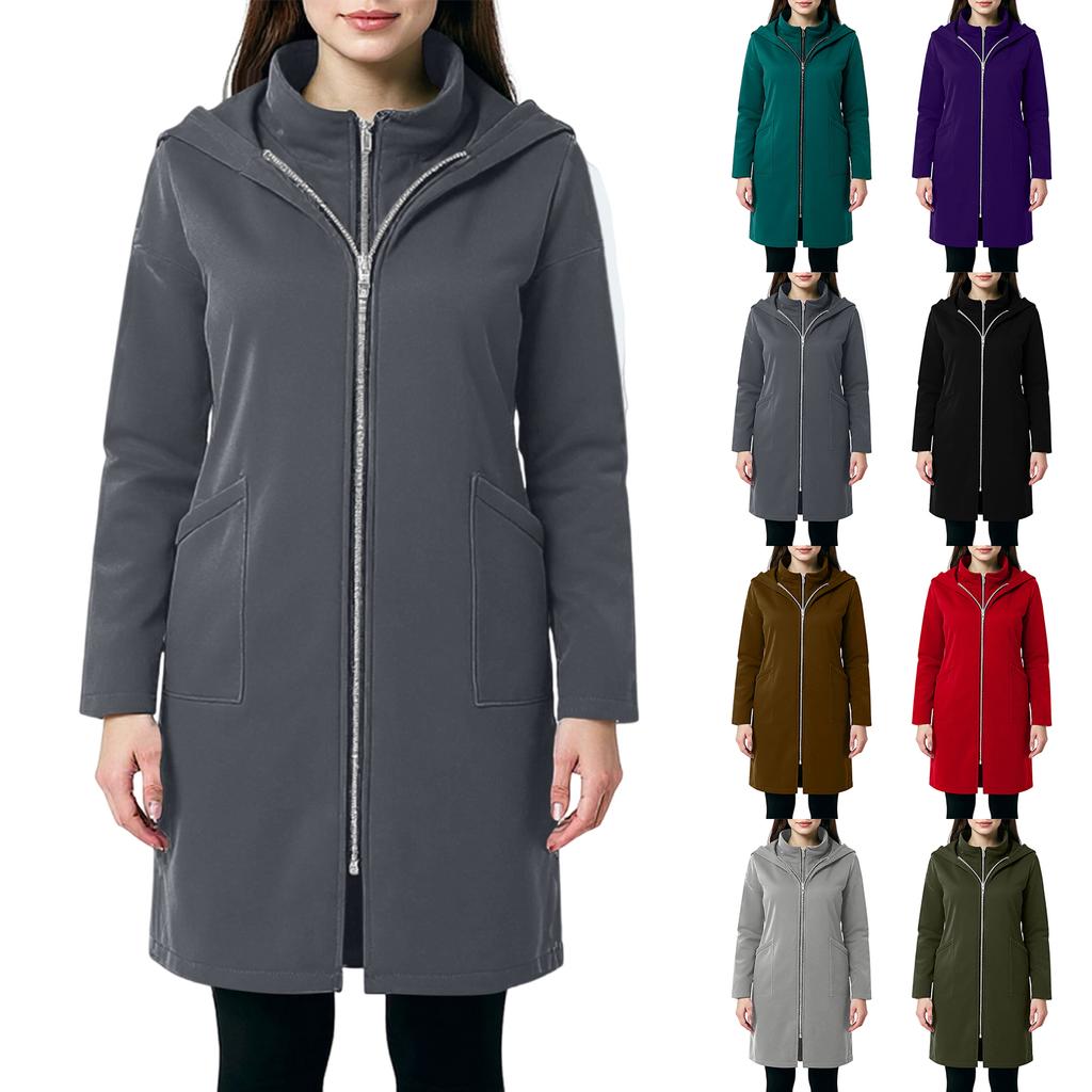 Women's Fashion Casual Solid Color Hooded Pocket Long Sweatshirt With Zipper, Mid-Length Fake Two-Piece Loose Coat