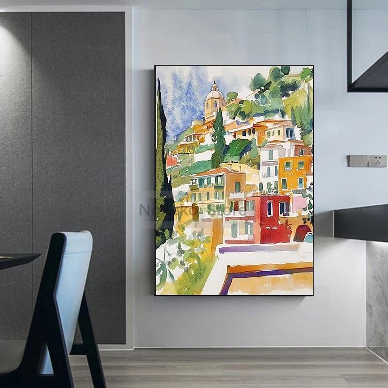 Italian Amalfi Coast Cityscape Poster Positano Watercolor Coastal Landscape Prints Canvas Painting Wall Art Home Room Decoration