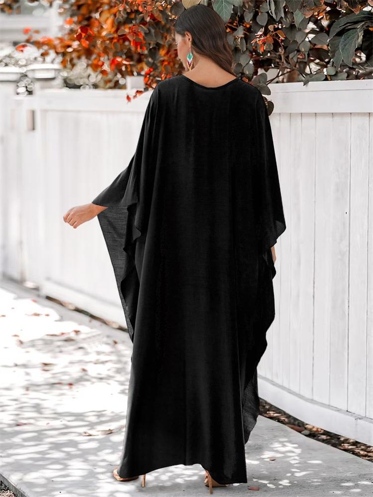 EDOLYNSA Plus Size Kaftan Black Solid Bohemian Printed Summer Long Beach Dress Women Homewear Outfit Swim Suit Cover Up Loose Caftan