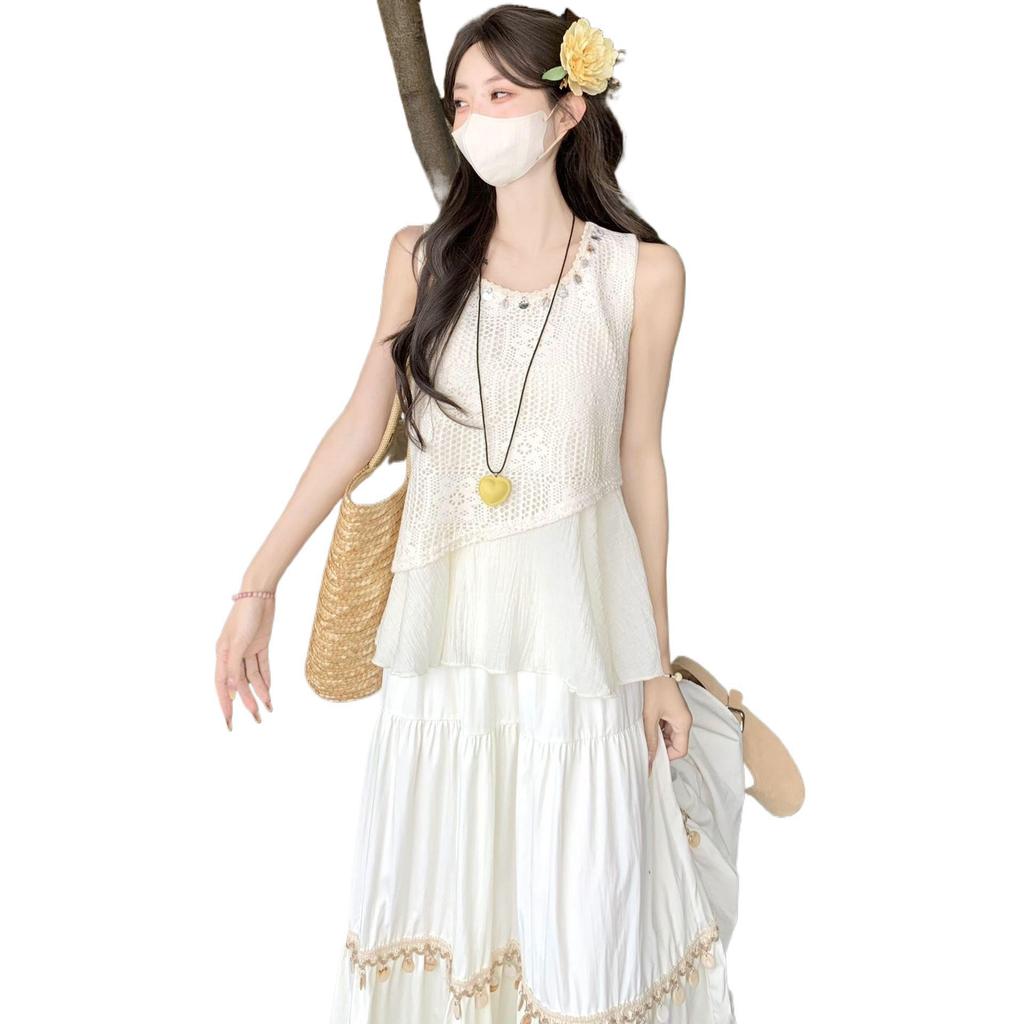 2025 Summer Ethnic Chinese Retro Hollow Camisole Dress Set - Sleeveless, High Waist, Two-Piece