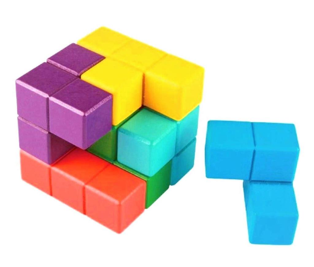 Pipitto Wooden Tetris Blocks, 7-Piece Assembly Cube Puzzle for Brain Training and Anti-Aging