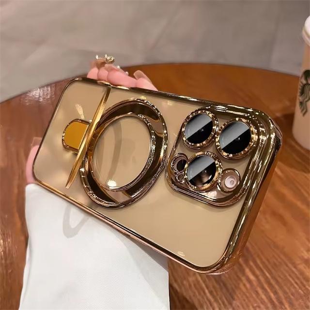 For Magsafe Bracket Plating Case For iPhone 17 16 15 13 14 Pro Max Plus Magnetic Stand Ring Holder Transparent Shockproof Cover