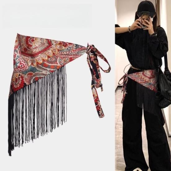 Cinturón Bufanda Larga Estrecha Boho Fajín Triangular con Borlas para Mujer Accesorio de Cintura Floral Retro para Vestidos Jeans