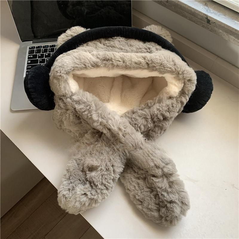 Thickened Cute Headphones Bear Hat Scarf Plush Ear Protection Lei Feng Hat Pullover Hat