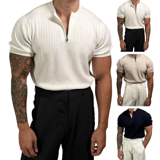 Men's O-neck T-shirt Casual Short Sleeve Solid Color T-Shirt Half-zip Draped Basic Tee Shirt Summer Top for Sports Gym Travel Office Daily Wear