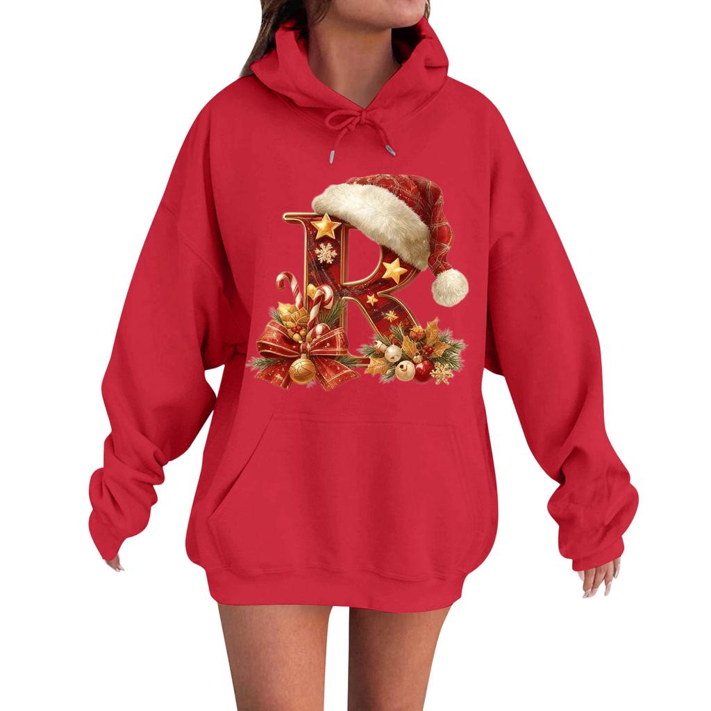 Women's Casual Comfortable Long-Sleeved Christmas Letter-Printed Warm Hooded Crew-Neck Sweatshirt