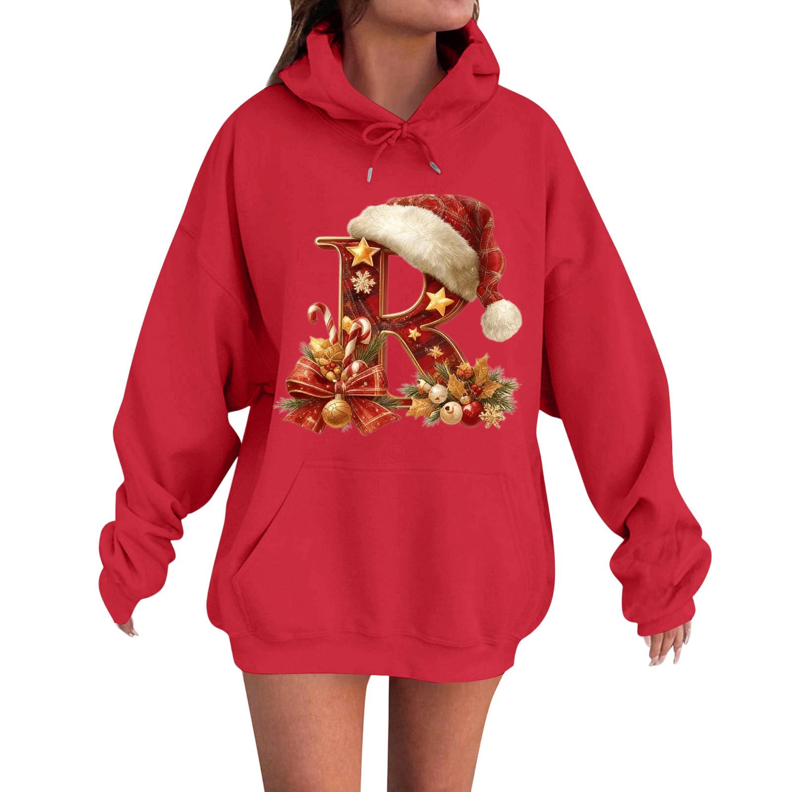 

Women s Casual Comfortable Long-Sleeved Christmas Letter-Printed Warm Hooded -Neck Sweatshirt M червоний
