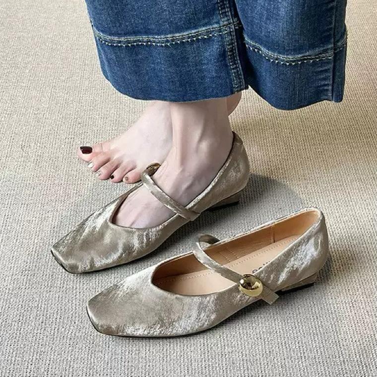 Sheepskin version silver inner height increasing shoes square head new single shoes women's beautiful ballet shoes thick high heel Mary Jane shoes