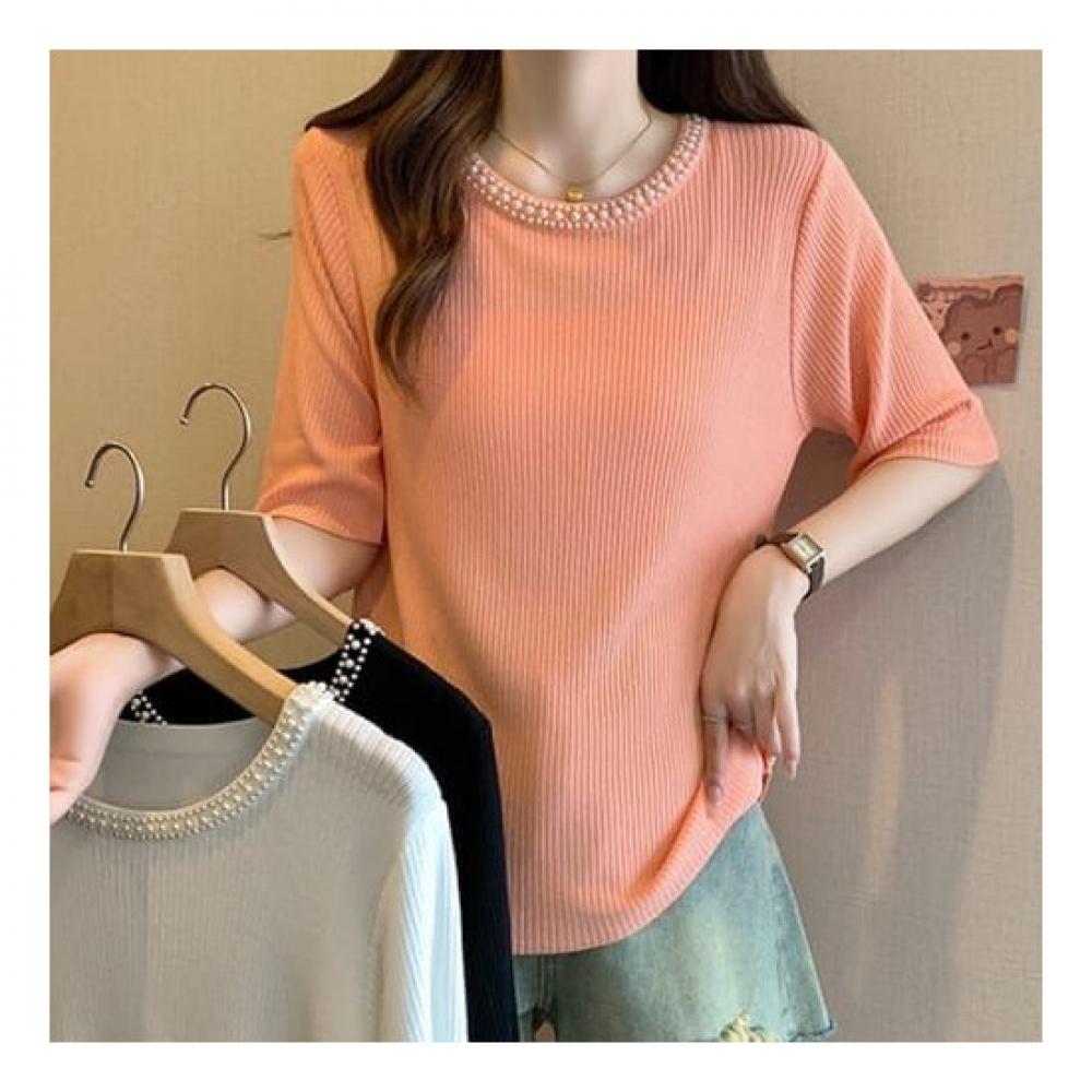 Navava Women S Thin Pearl Knit Round Neck Short Sleeve Nk2138