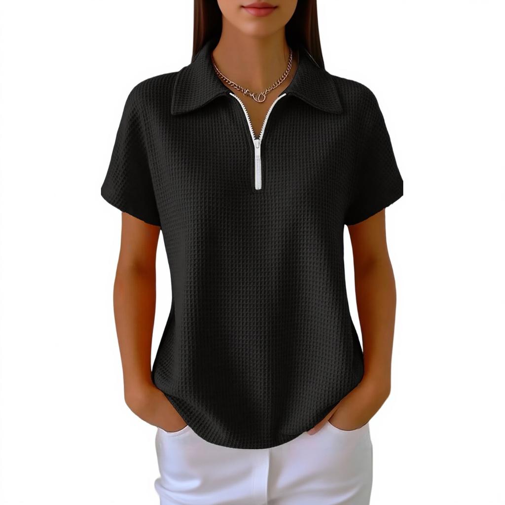Women's Fashionable Casual Loose Fit Zipper Short-Sleeve Top