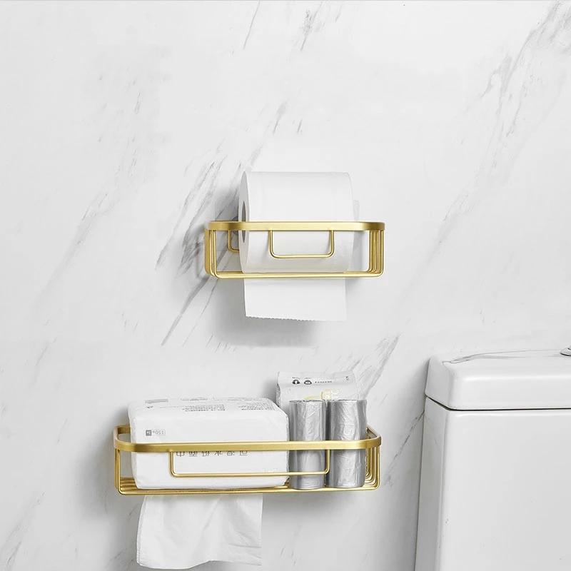 Brushed gold/Black Bathroom Roll Holder Aluminum Wall Mounted Shampoo Rack Toilet Paper Holder Bathroom Storage Basket Shelf