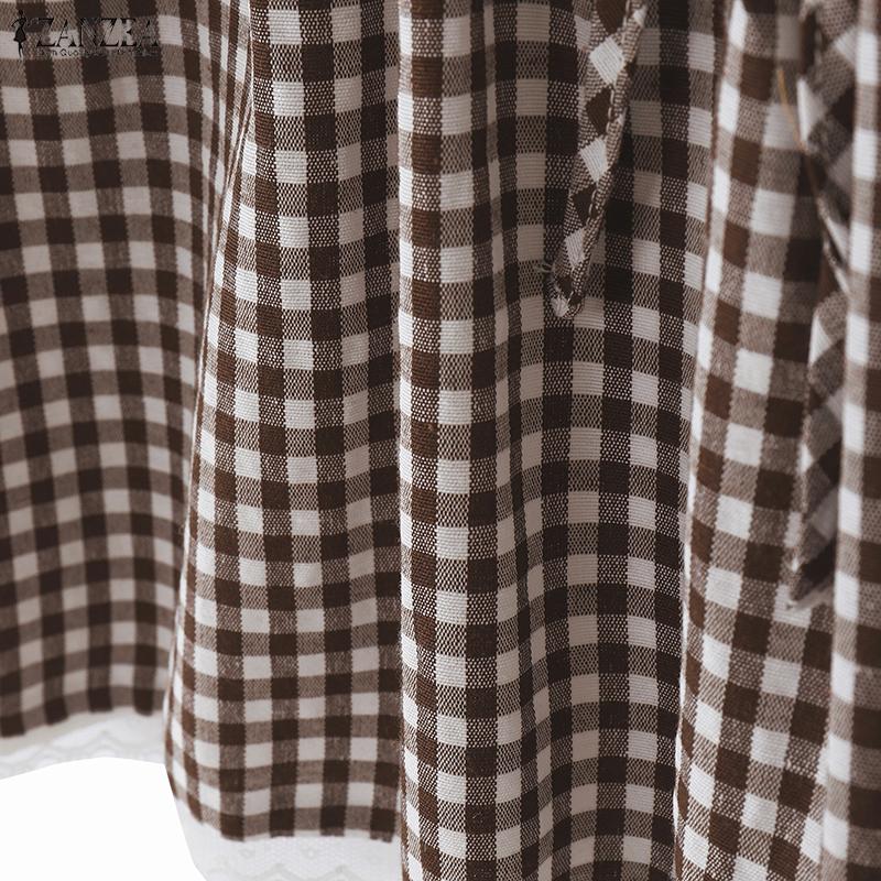 ZANZEA Women Casual Round Neck Plaid Patchwork Short Sleeve Blouse