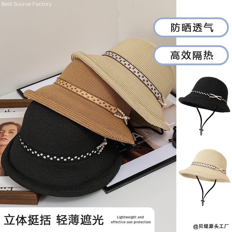 Summer new hat women's sunshade sunscreen Lafite straw hat temperament advanced sense bucket hat crimped basin hat