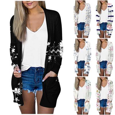 Women's Fashion Loose Casual Long Sleeve Printed Mid-Length Cardigan Jacket Top