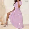 Women Plus Size Round Neck Short Sleeve Printed Light Purple Gathered Waist A Line Long Dress