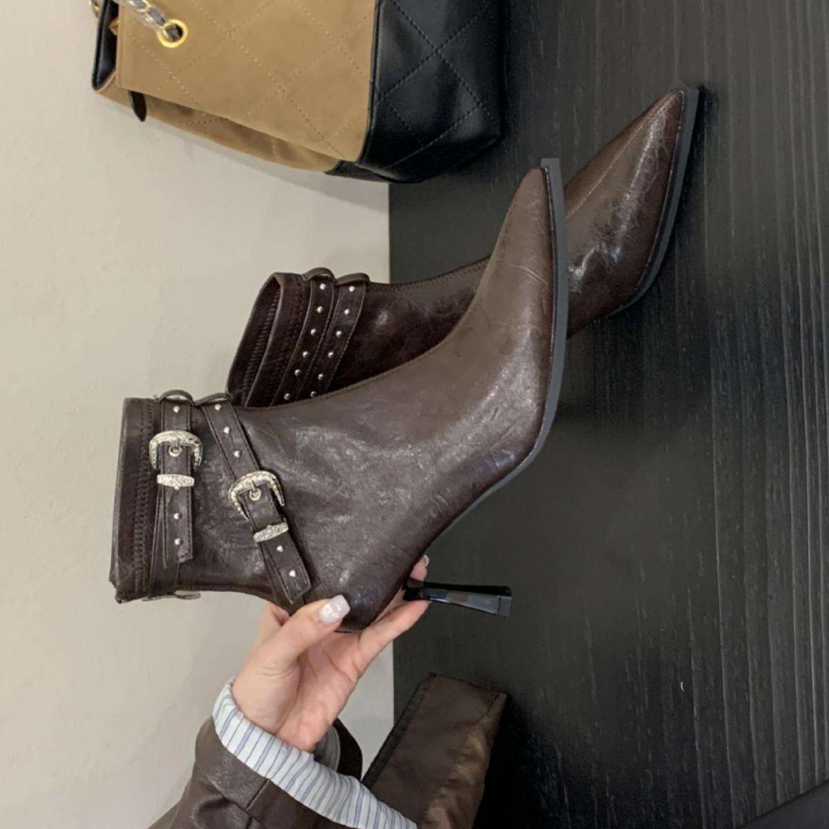 

Fashion fried street European and American trouser boots thin heel high heel short boots women s 2025 autumn and winter new belt buckle pointed Ma 39