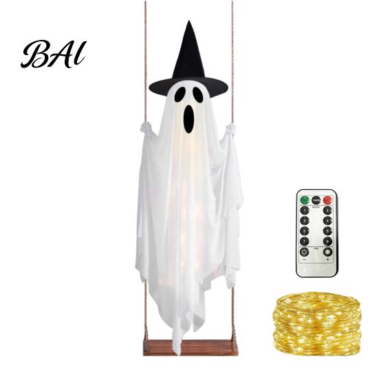 Large Hanging Ghost for Trees Luminous Halloween Swing with Witch Hat, Remote-controlled Adjustable Outdoor Party Brightness, Flying Ornament