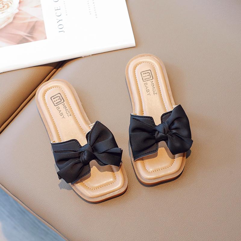 

Girl s Slippers Bowtie Square Toe Sweet Pu Leather Kids Sliders Flat Three Colors Trendy Vacation All-match Children Sandals 36